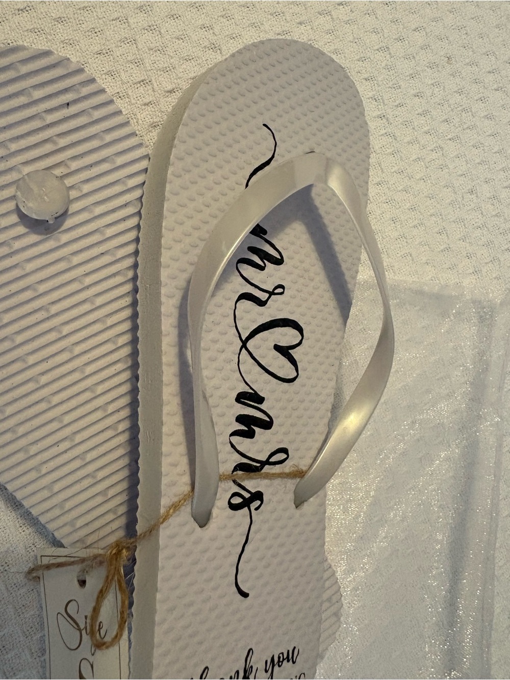 White Thank You Bride Flip Flops with Script Detail
